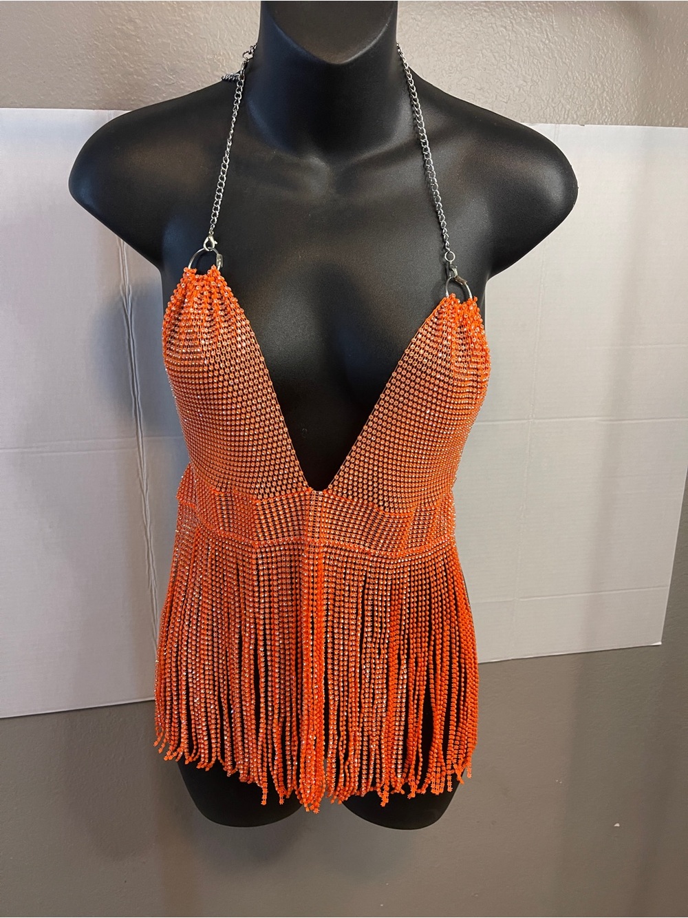 Beulah Orange Beaded Fringe Halter Coverup